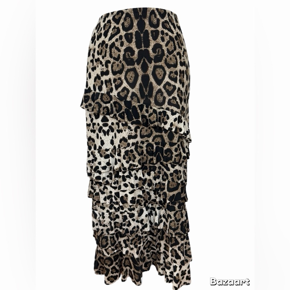 Coco Bianco Leopard Print Tiered Ruffle Maxi Skirt Women’s Small Pull-On - Picture 2 of 6